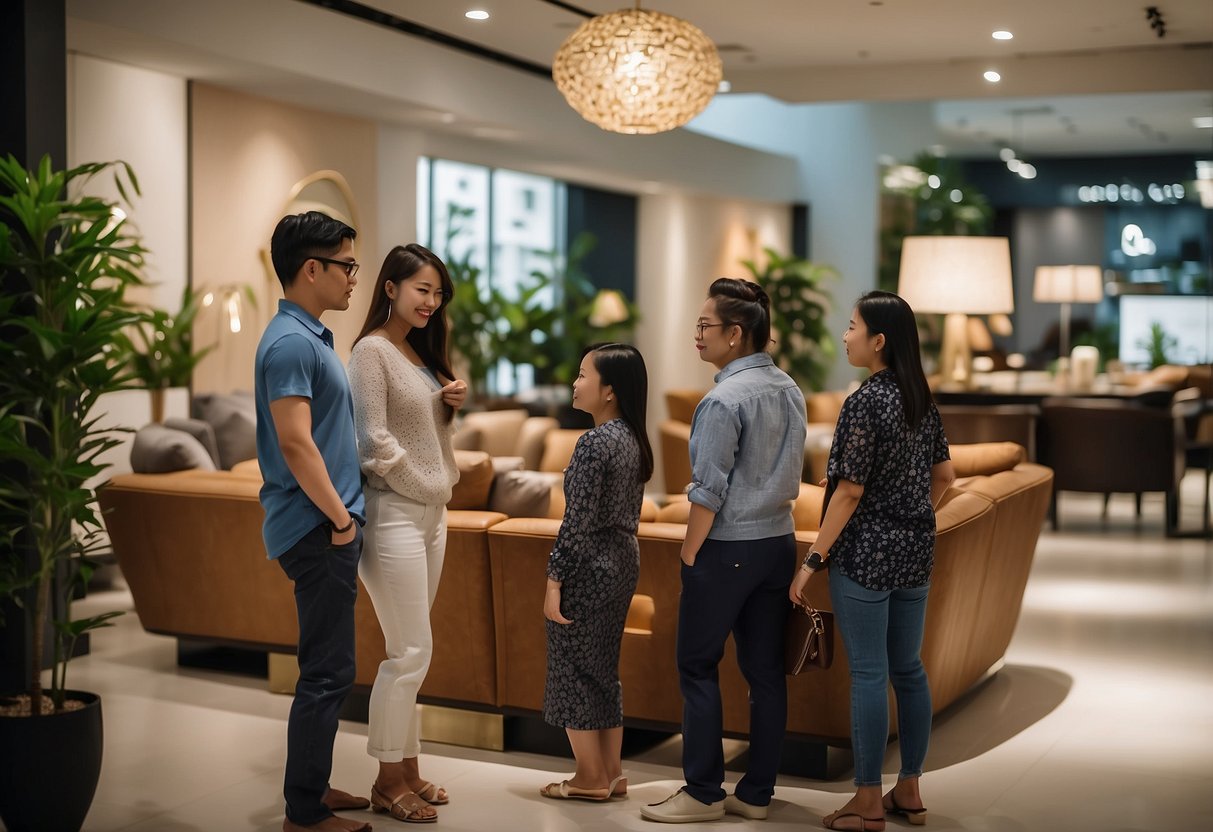 Customers browsing Ashley Furniture's showroom in Singapore, admiring the modern designs and high-quality materials