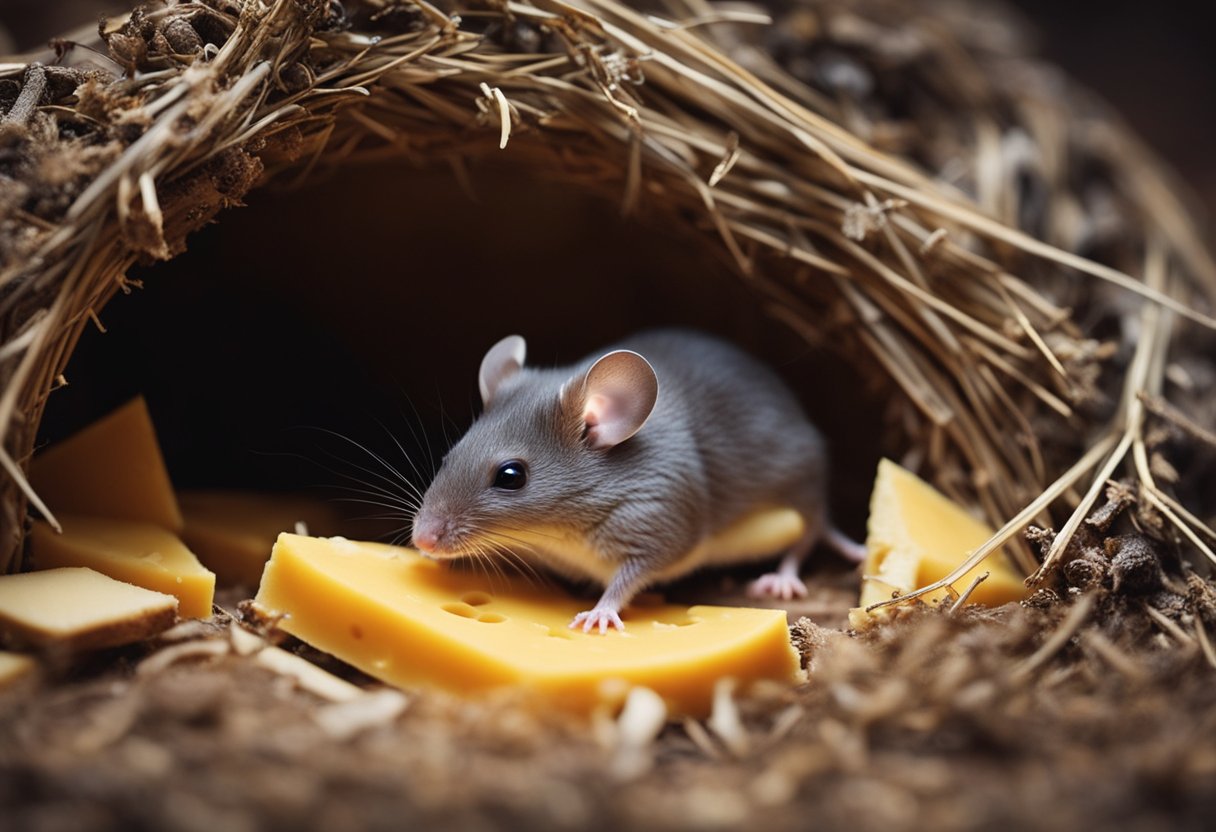 A mouse nibbles on a piece of cheese in a cozy burrow, surrounded by tiny tunnels and nesting material