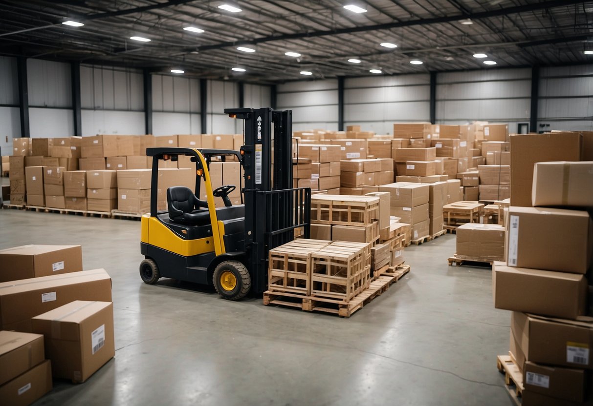 A warehouse filled with rows of neatly stacked furniture, labeled with rental tags. A worker operates a forklift, moving a sofa to a waiting truck