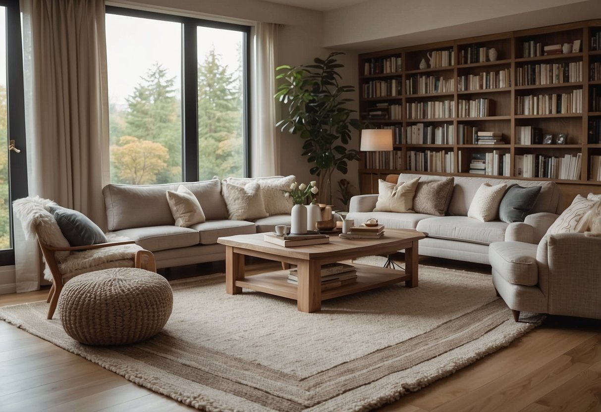 A cozy living room with a plush sofa, a coffee table, and a bookshelf filled with books and decorative items. A soft rug covers the floor, and large windows let in natural light