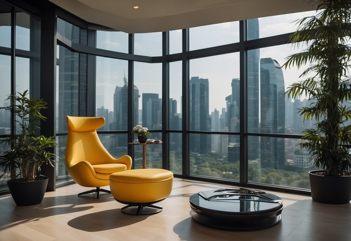 A sleek, modern space with futuristic furniture and technology, bustling with activity in the heart of Asia