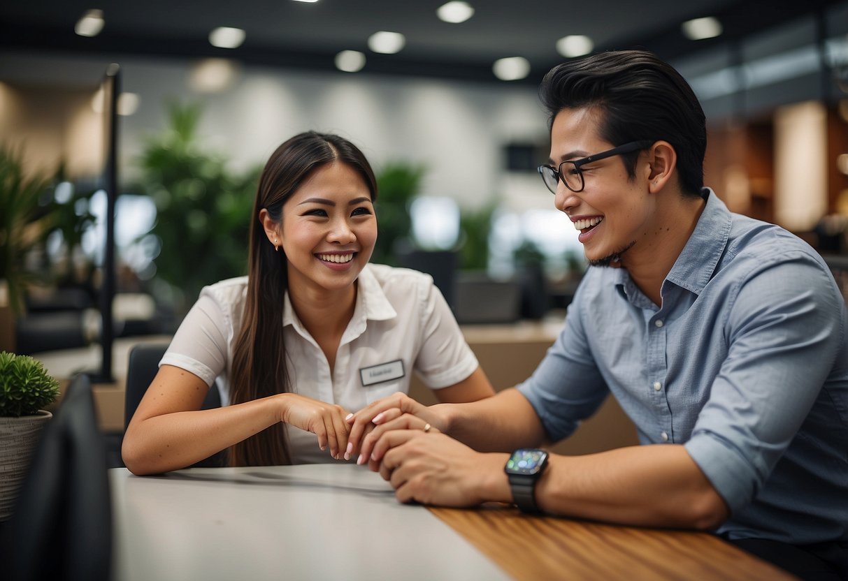 A customer service representative assists a client with a smile at Ashley Furniture Singapore