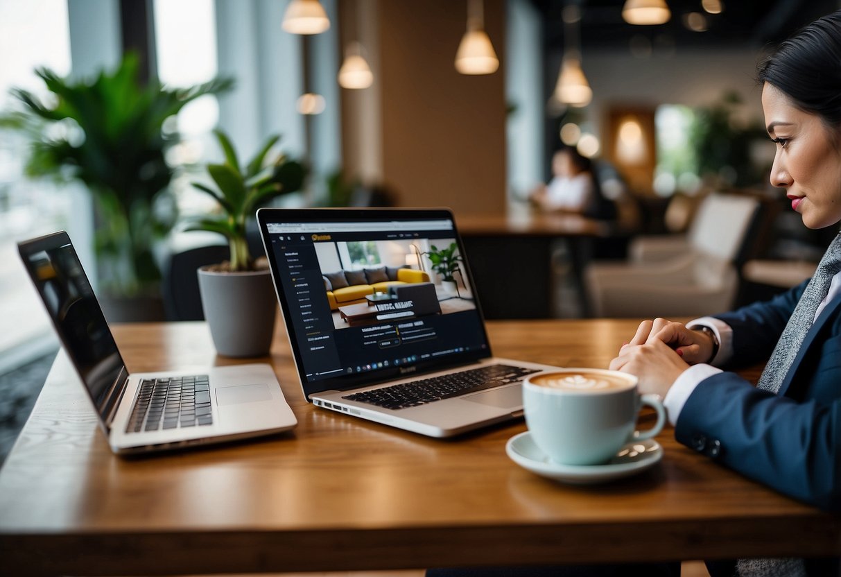 A customer browsing through a list of frequently asked questions about Ashley Furniture Singapore, with a laptop and a cup of coffee on the table