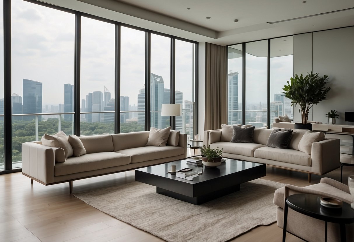 A modern living room with sleek designer furniture in Singapore. Clean lines, neutral colors, and minimalistic decor create a sophisticated and elegant space