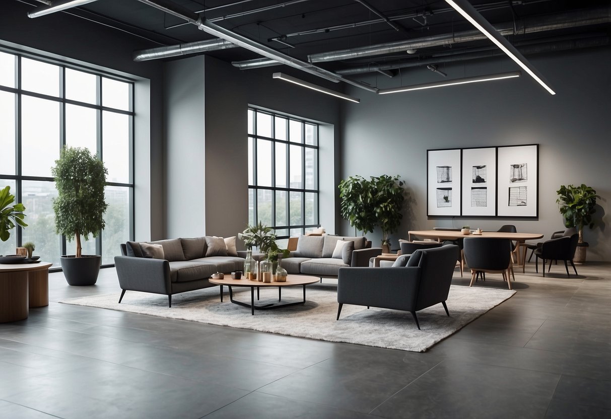 A modern, open-concept showroom with sleek, minimalist furniture arranged in a spacious, well-lit environment