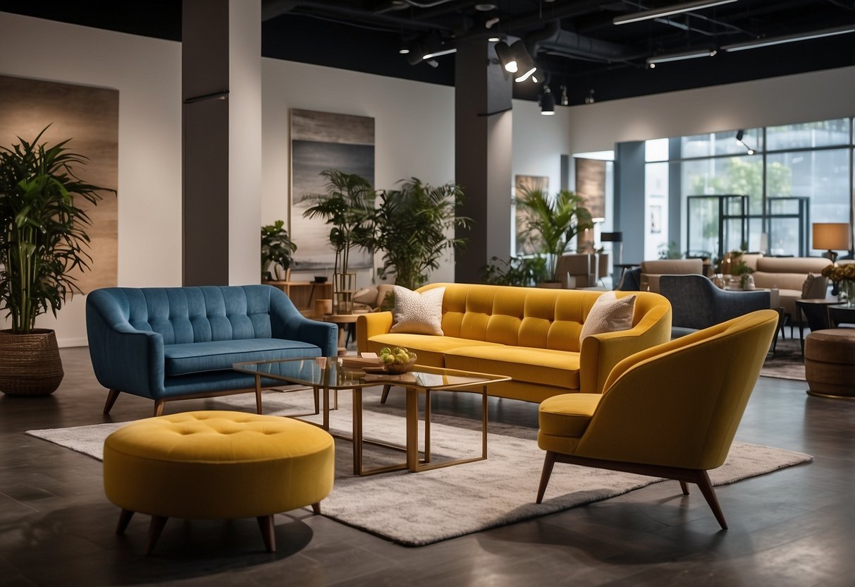 A spacious showroom with modern furniture displays in various styles and colors, surrounded by bright lighting and decorative accents