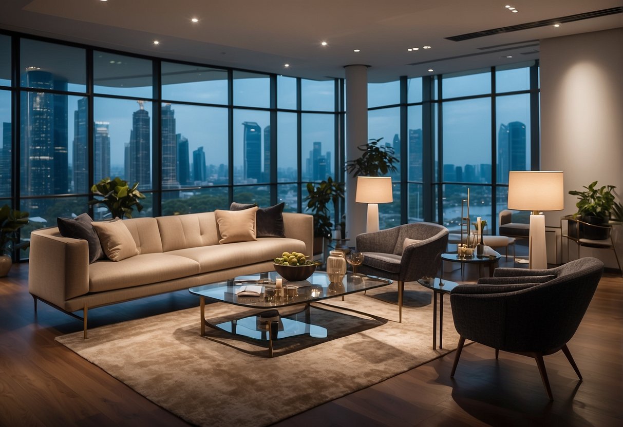 A sleek, modern showroom filled with designer furniture in Singapore. Clean lines, luxurious materials, and innovative designs on display