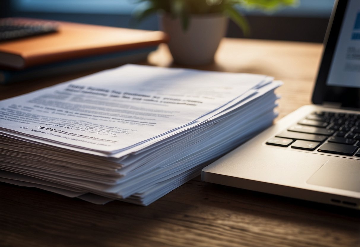 A stack of brochures and a laptop with the "Frequently Asked Questions" page open, surrounded by office supplies and a comfortable chair