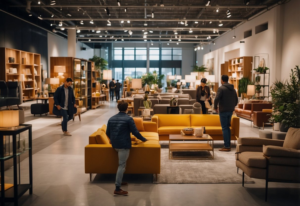 Customers browsing through aisles of modern and classic furniture, with vibrant displays and cozy setups, in a spacious and well-lit showroom