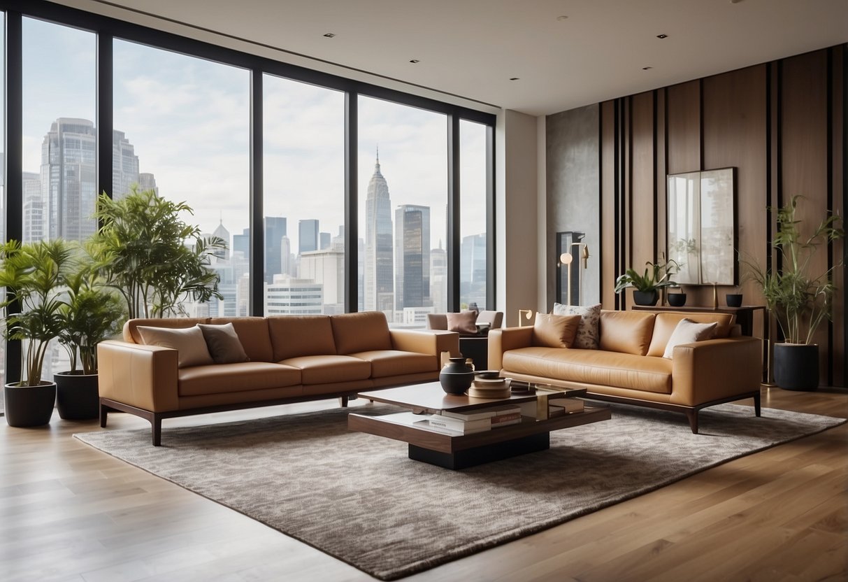 A modern, spacious room with sleek furniture and Asian-inspired decor. A central hub for gathering and exchanging information, with a designated area for frequently asked questions