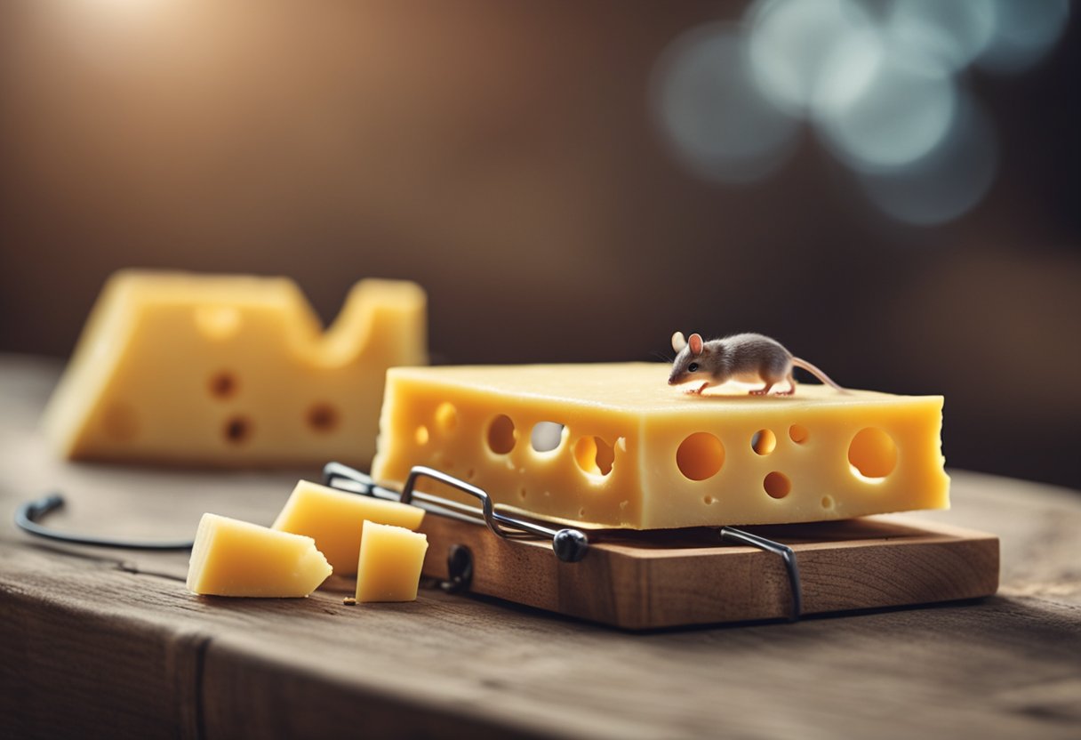 A mouse trap is set with cheese as bait, placed in a corner