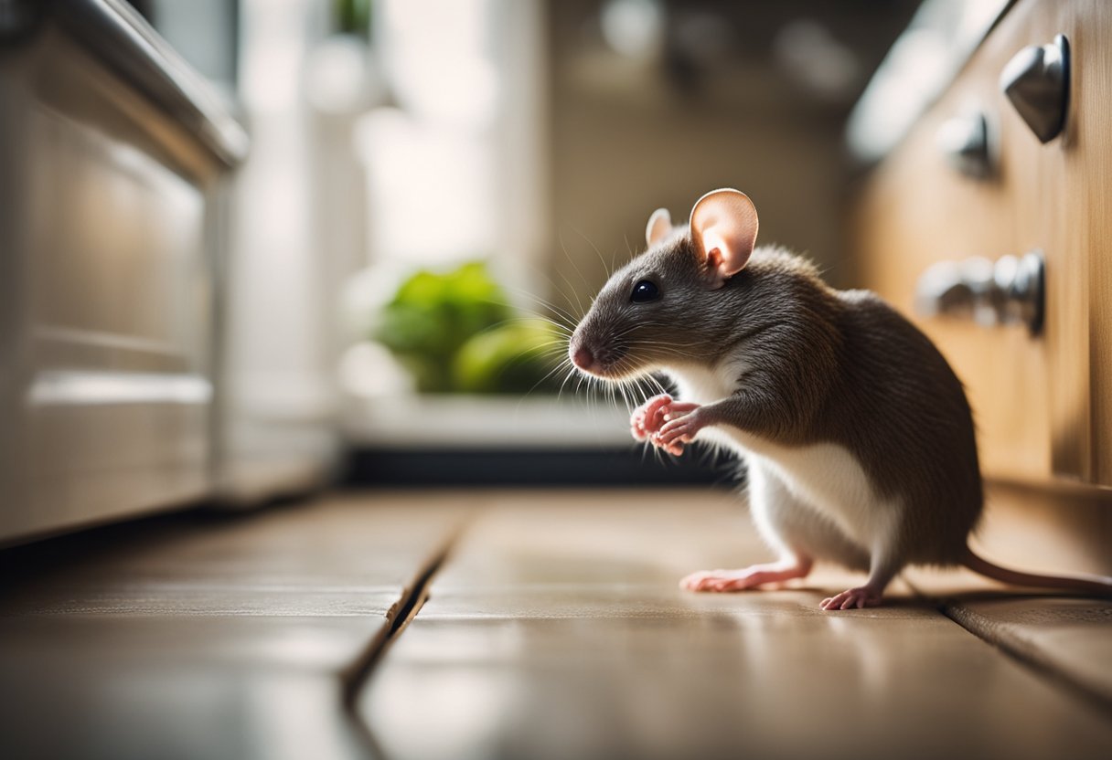 A mouse and a rat are seen in a kitchen, with the mouse nibbling on crumbs while the rat scurries along the baseboards