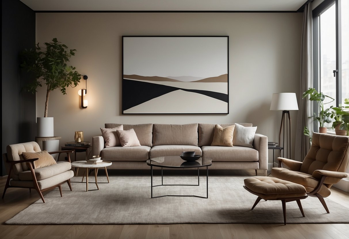A modern living room with designer furniture, sleek lines, and a neutral color palette. A statement piece of art hangs on the wall, while a cozy rug anchors the space