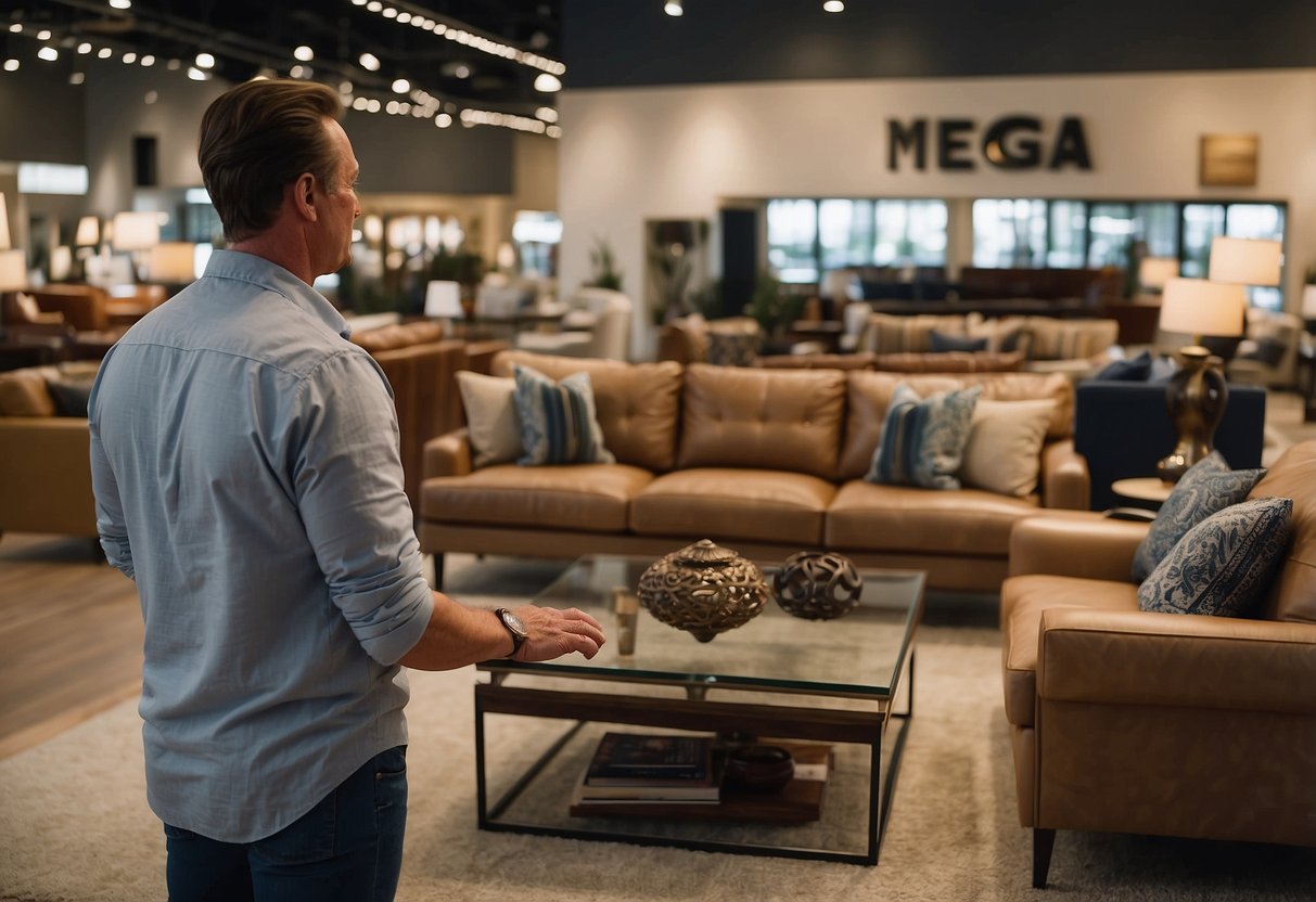 A customer browses Mega Furniture's website, then enters the store, examining sofas and tables. Online and in-store shopping experiences are compared