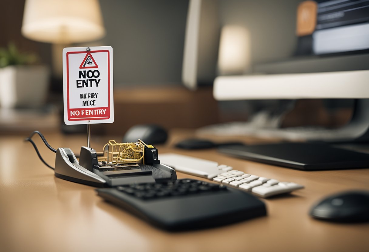 A mouse trap placed strategically near a computer desk, with a clear "no entry" sign for mice