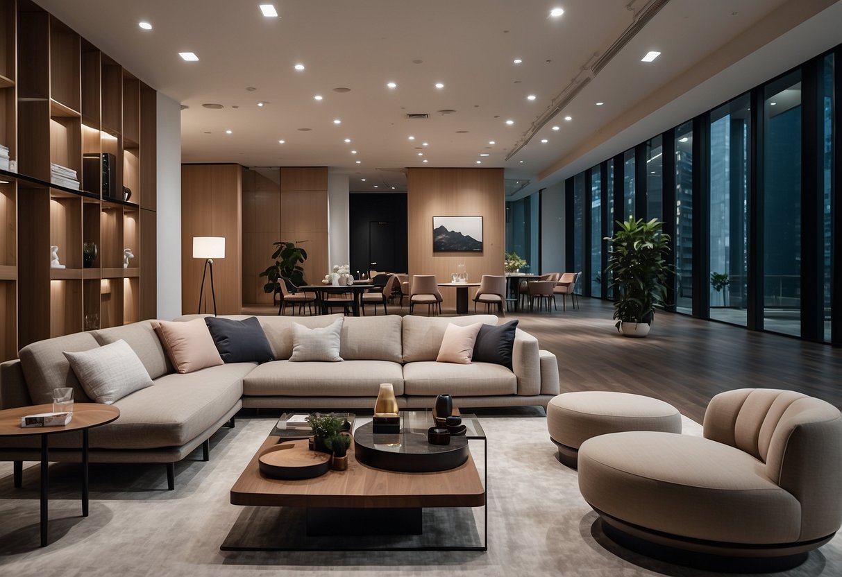 A modern furniture showroom in Singapore, with sleek designs and minimalist aesthetics. Clean lines and neutral colors dominate the space, with various pieces displayed in an organized and inviting manner