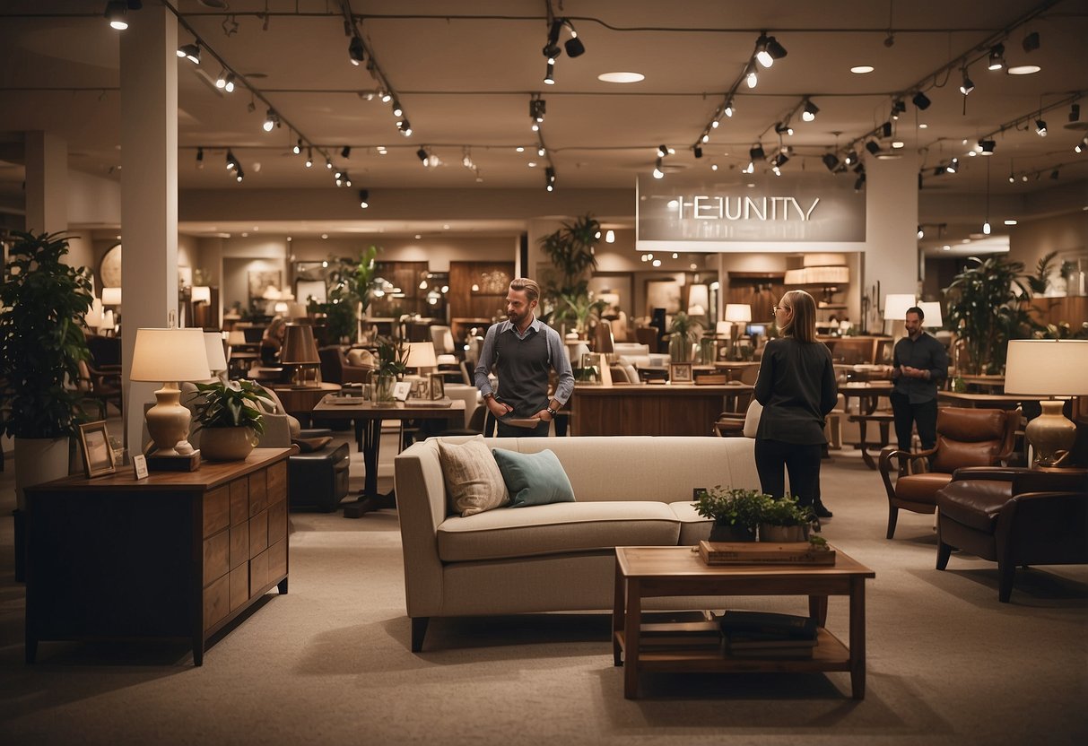 A busy furniture store with customers browsing, staff assisting, and large "Frequently Asked Questions" signs displayed throughout the showroom