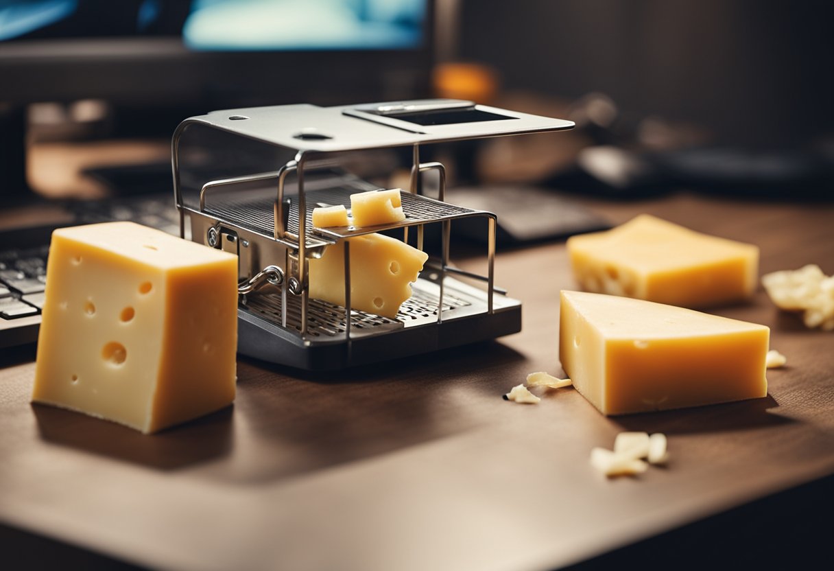 A mouse trap placed strategically near a computer desk, with a piece of cheese as bait