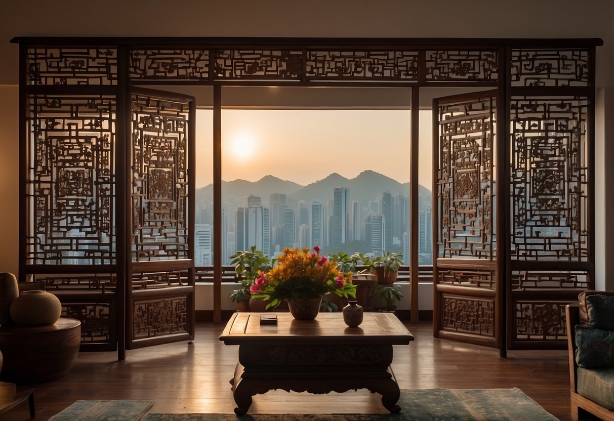 A traditional Chinese wooden screen stands in a Singaporean living room, adorned with intricate carvings and vibrant colors