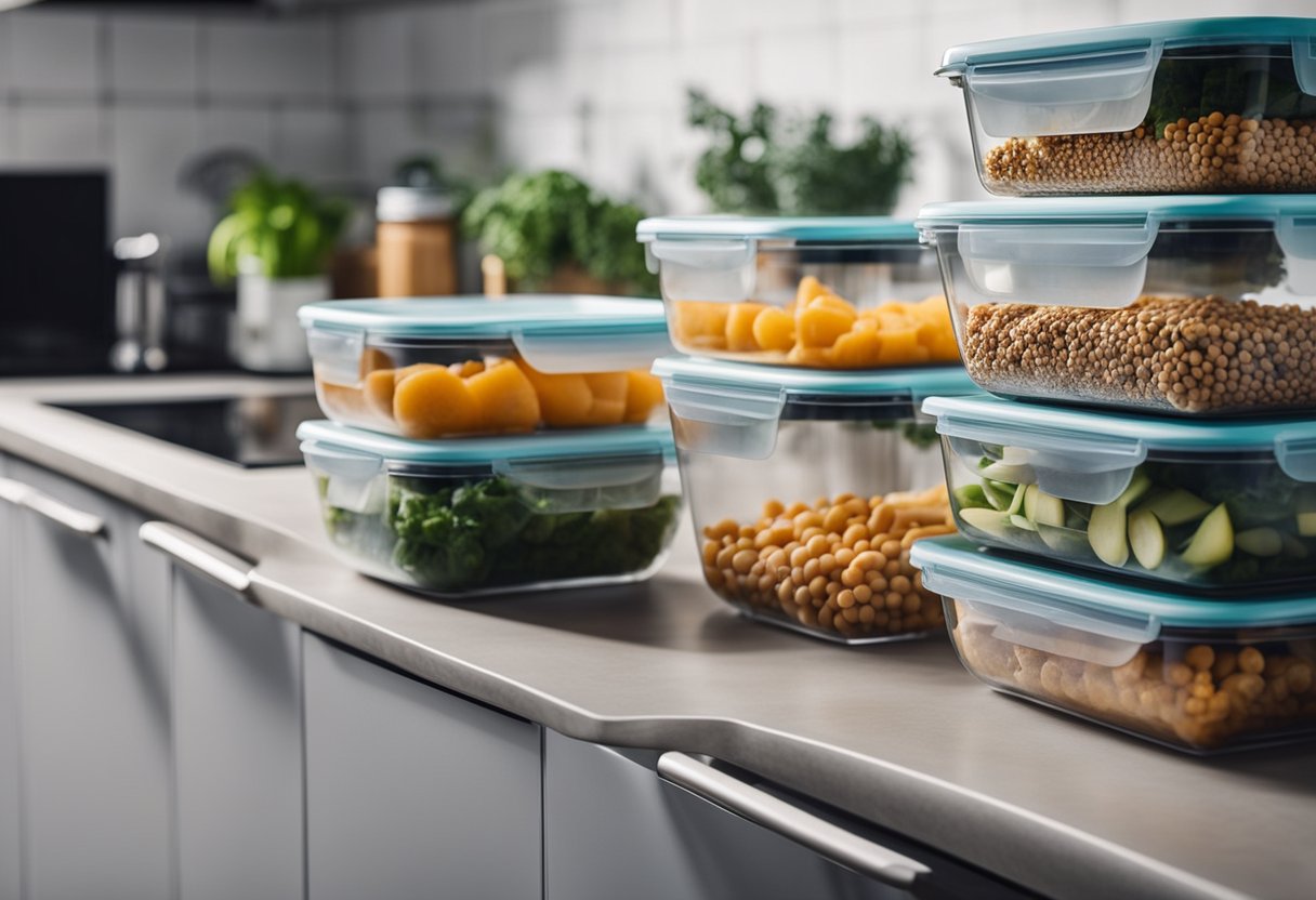 Preventing pest problems. Scene: A clean, clutter-free kitchen with sealed food containers. No signs of pests. Phone with pest control number visible