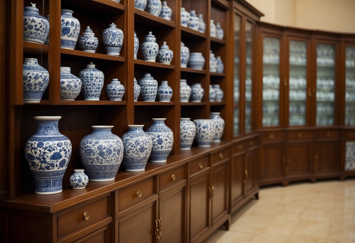 A customer browses ornate wooden cabinets and intricate porcelain vases in a bustling Singaporean oriental furniture store