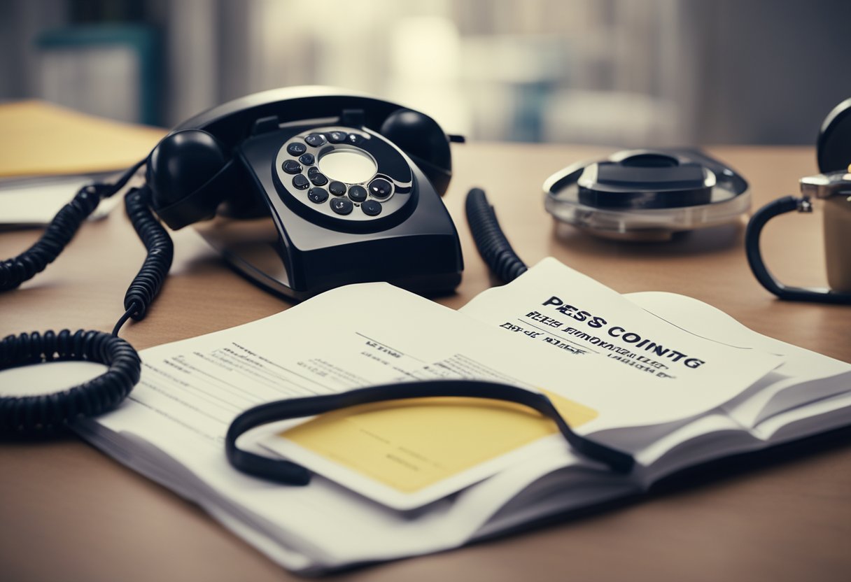 A phone ringing on a cluttered desk, with a pest control sign in the background