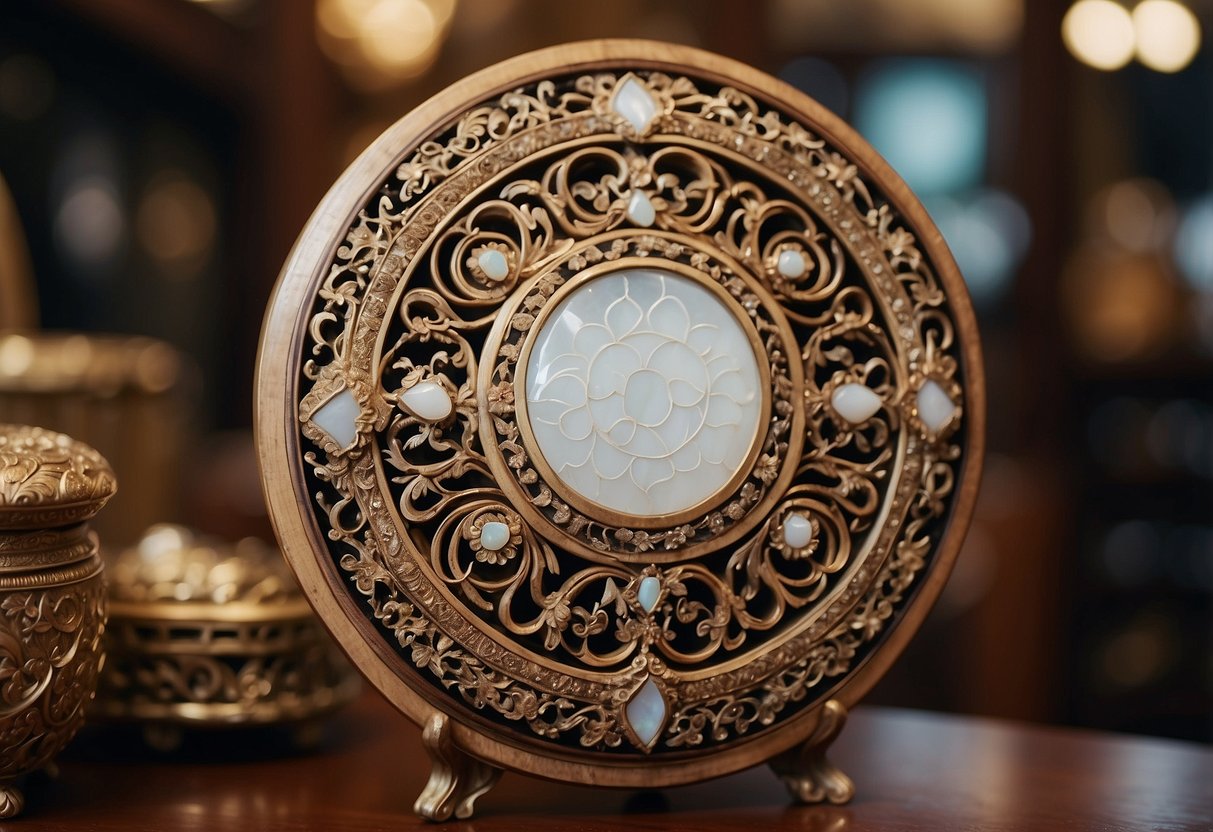 The ornate wooden carvings and intricate mother-of-pearl inlays of oriental furniture in a Singaporean shop