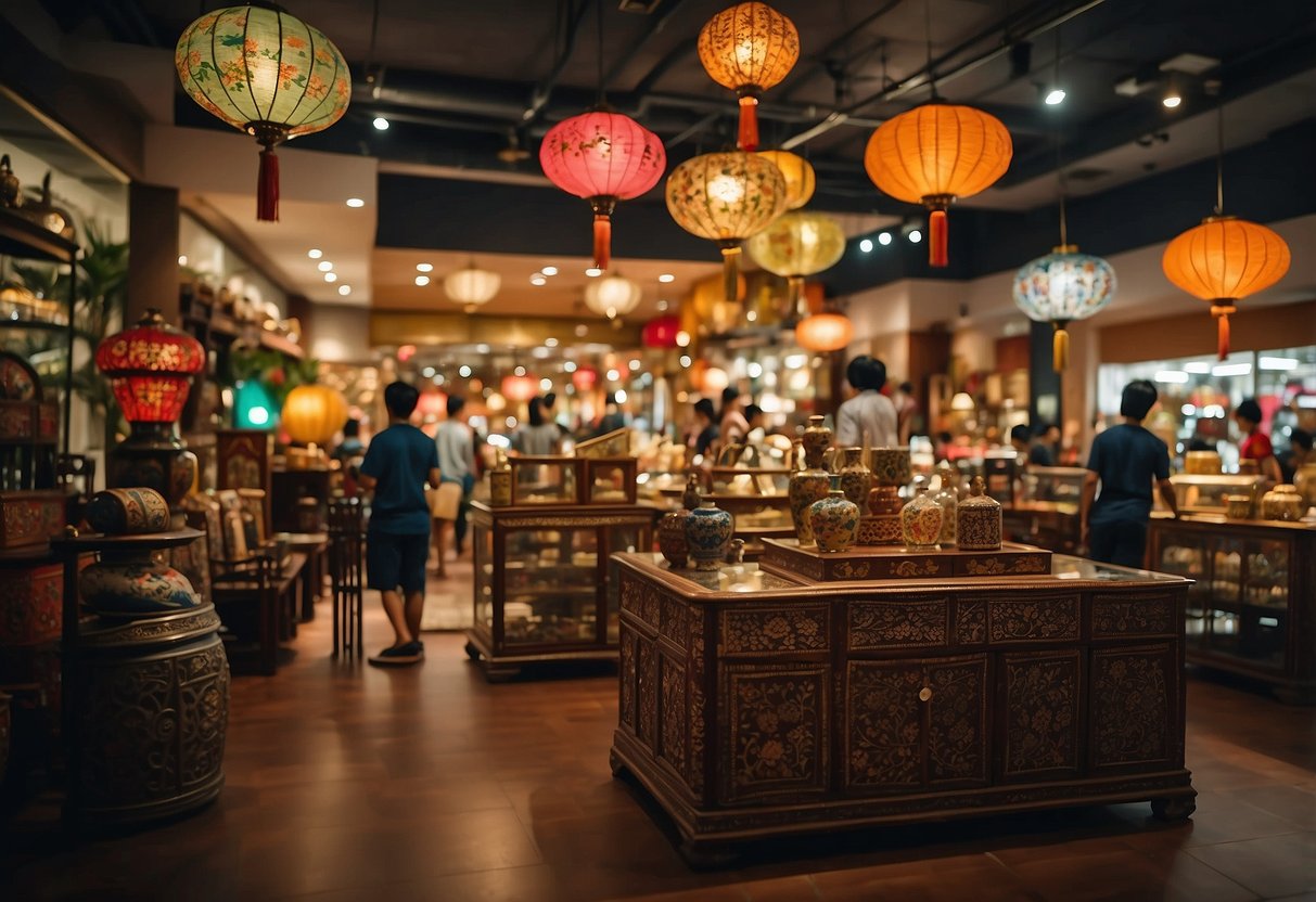 A bustling oriental furniture store in Singapore, with customers browsing through various items. The store is adorned with traditional Asian decor and vibrant colors