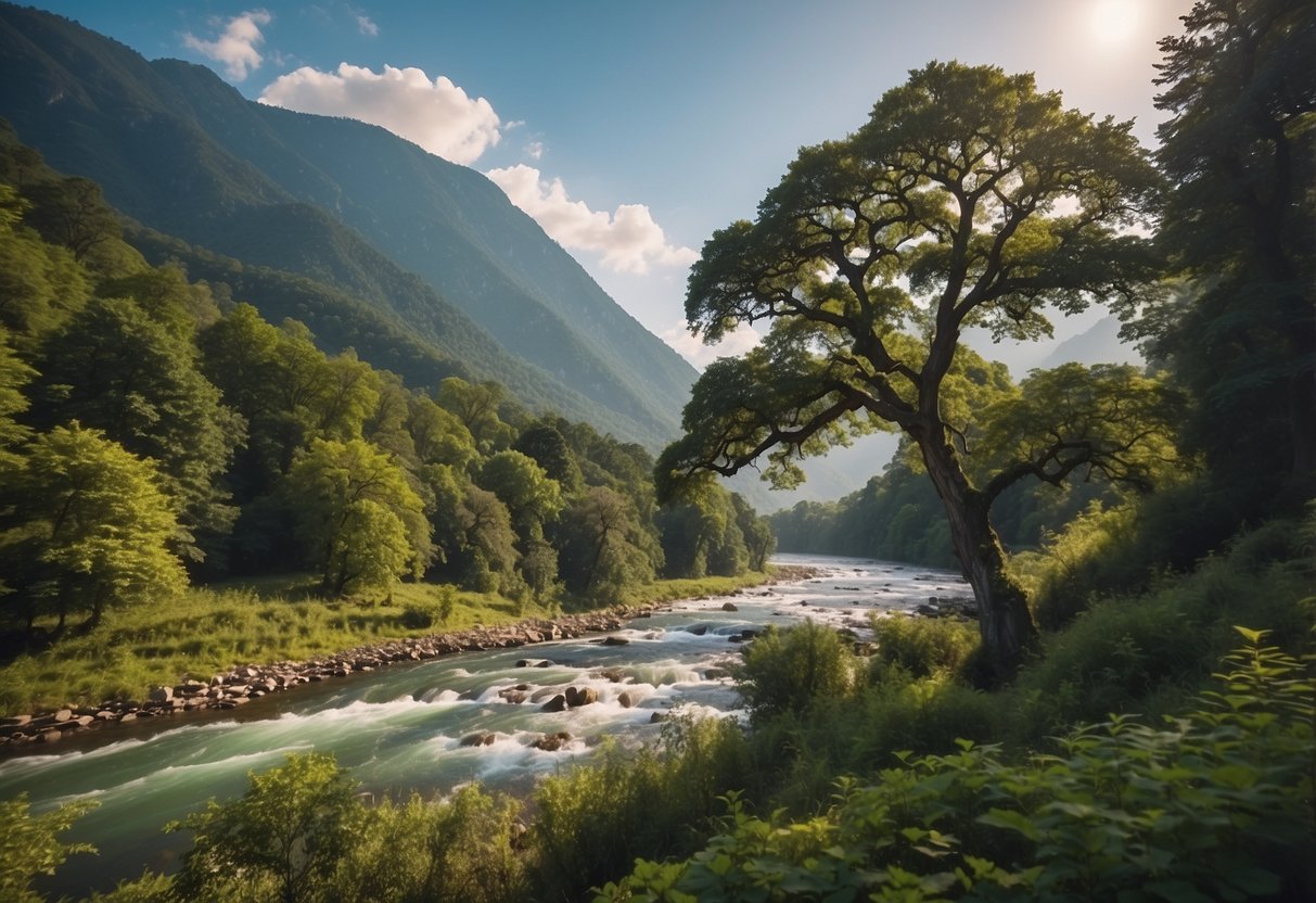 A grand oak tree stands tall in the center of a lush forest, surrounded by a flowing river and majestic mountains in the distance