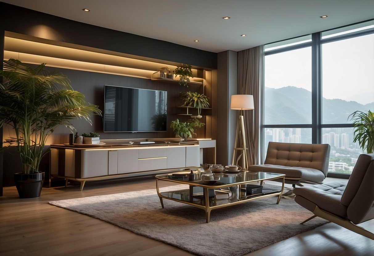 A modern showroom with sleek furniture displays and ambient lighting, showcasing the latest products from Rossini Furniture Sdn Bhd