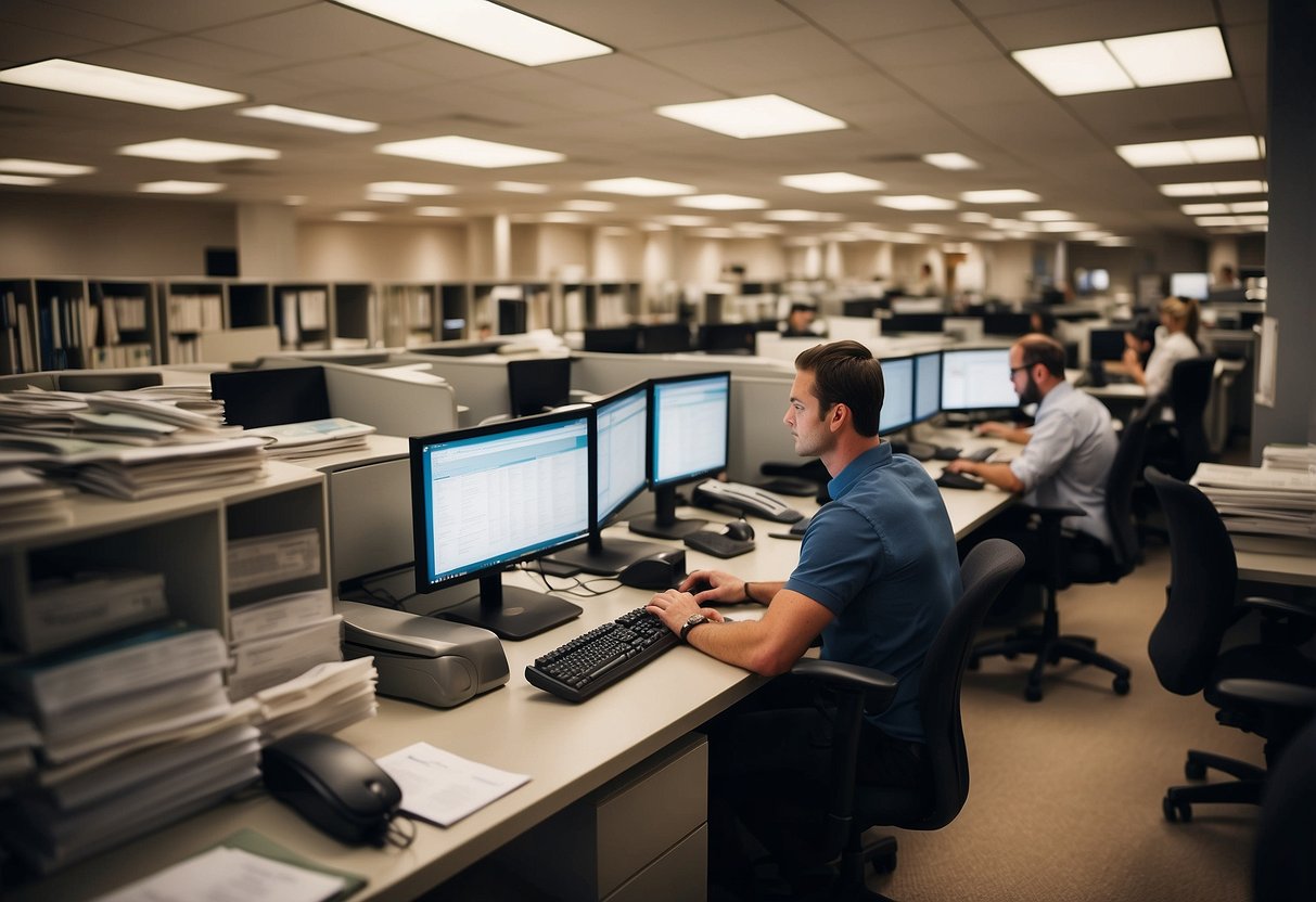 A busy office with employees answering phones and typing on computers, surrounded by shelves of furniture catalogs and samples