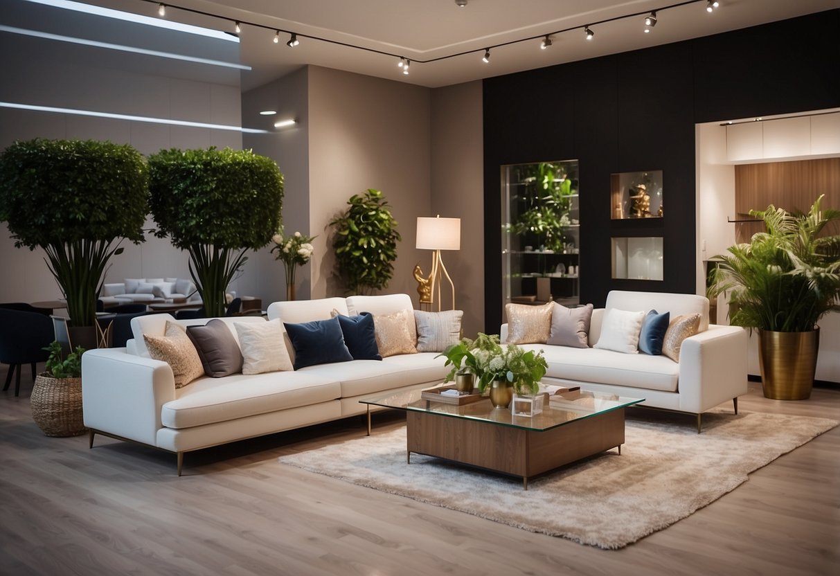 A spacious furniture showroom with modern and classic pieces displayed in well-lit areas. Various sofas, tables, and chairs are arranged in stylish vignettes