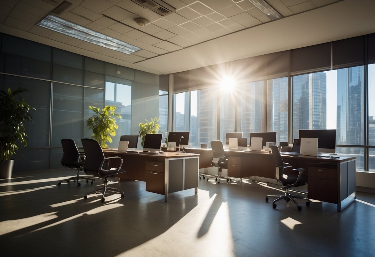 The office furniture fills the room: desks, chairs, filing cabinets, and a conference table. Light streams in through the windows, casting shadows on the polished floors