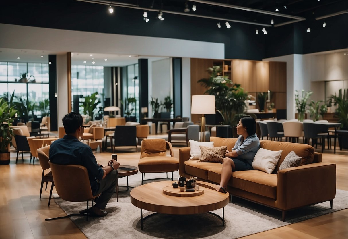 Customers browse modern furniture displays in a spacious Singapore showroom