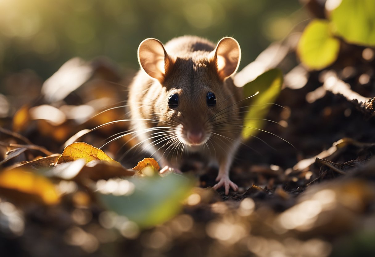 A small forest mouse scurries through the underbrush, pausing to nibble on a fallen acorn. The dappled sunlight filters through the leaves above, casting a warm glow on the woodland floor