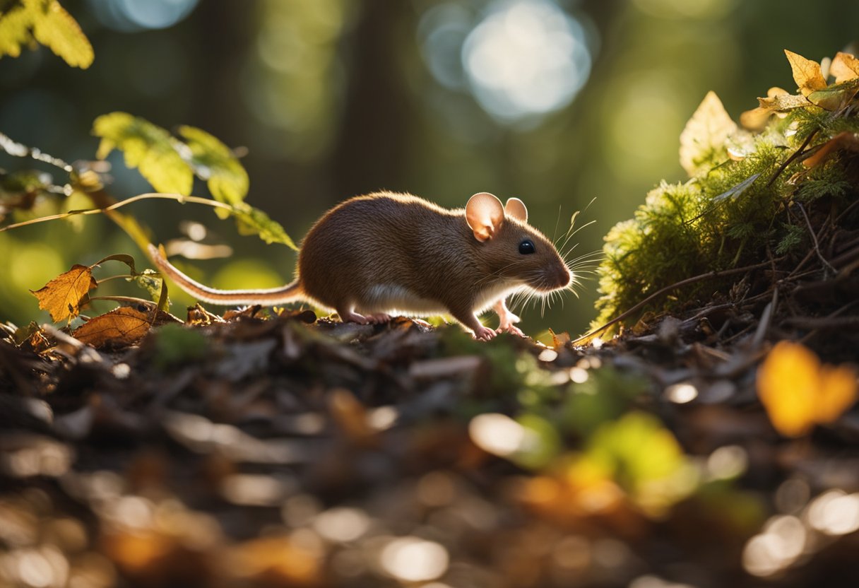 A small forest mouse scurries through the underbrush, darting between fallen leaves and tree roots, seeking safety in the dense foliage