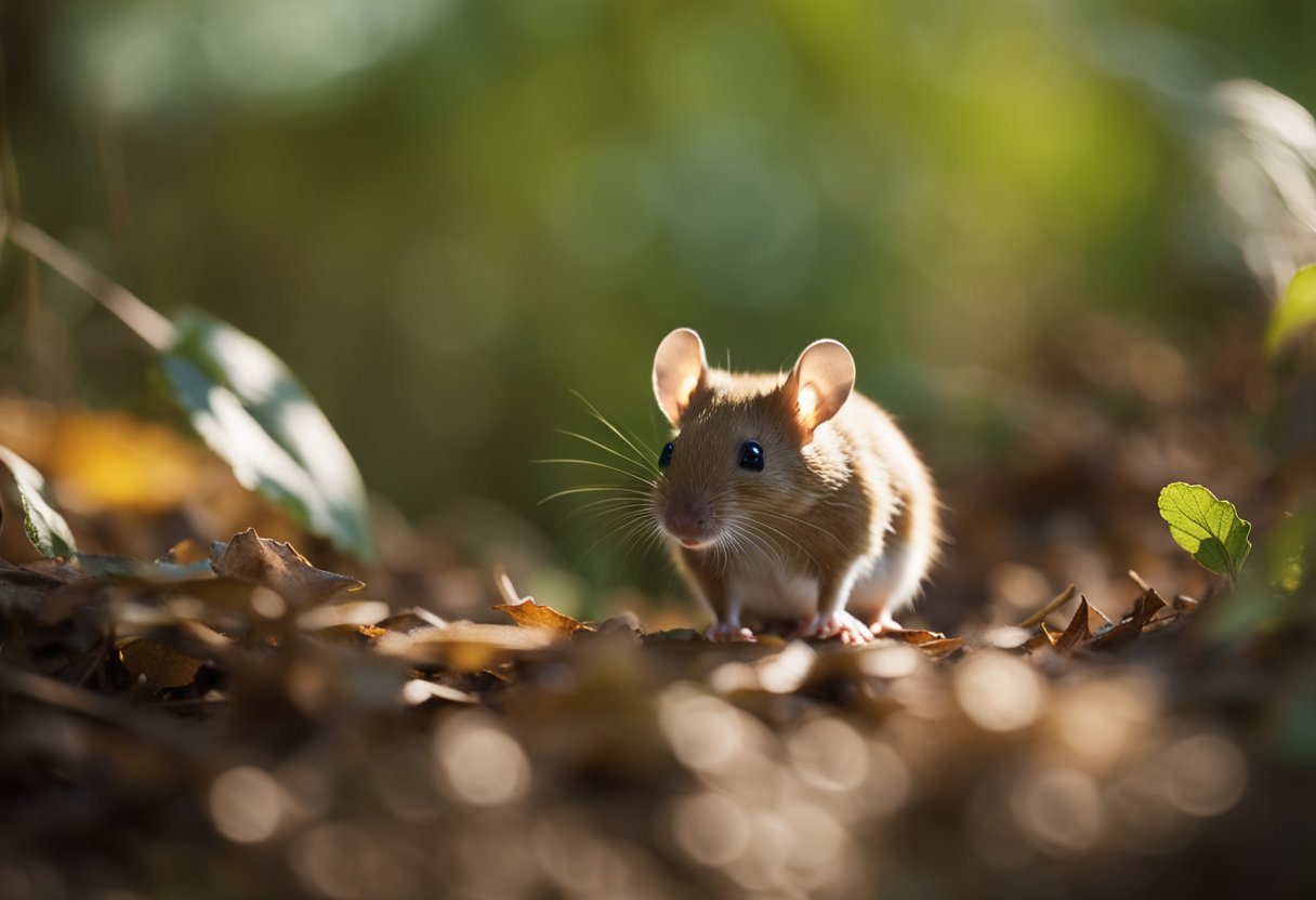 A small forest mouse scurries through the underbrush, its tiny feet leaving delicate prints in the soft earth. The dappled sunlight filters through the canopy above, casting a warm glow on the leaf litter below