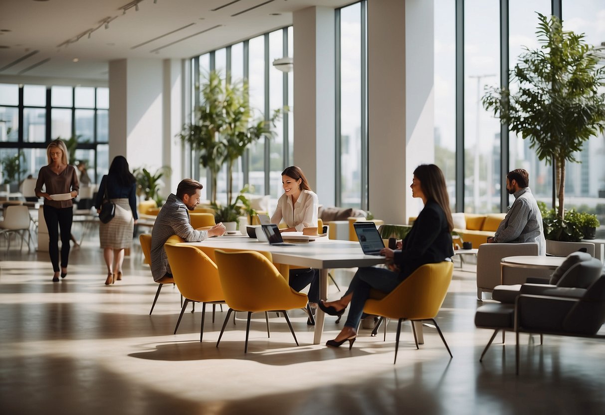 People browse modern desks and chairs in a bright showroom