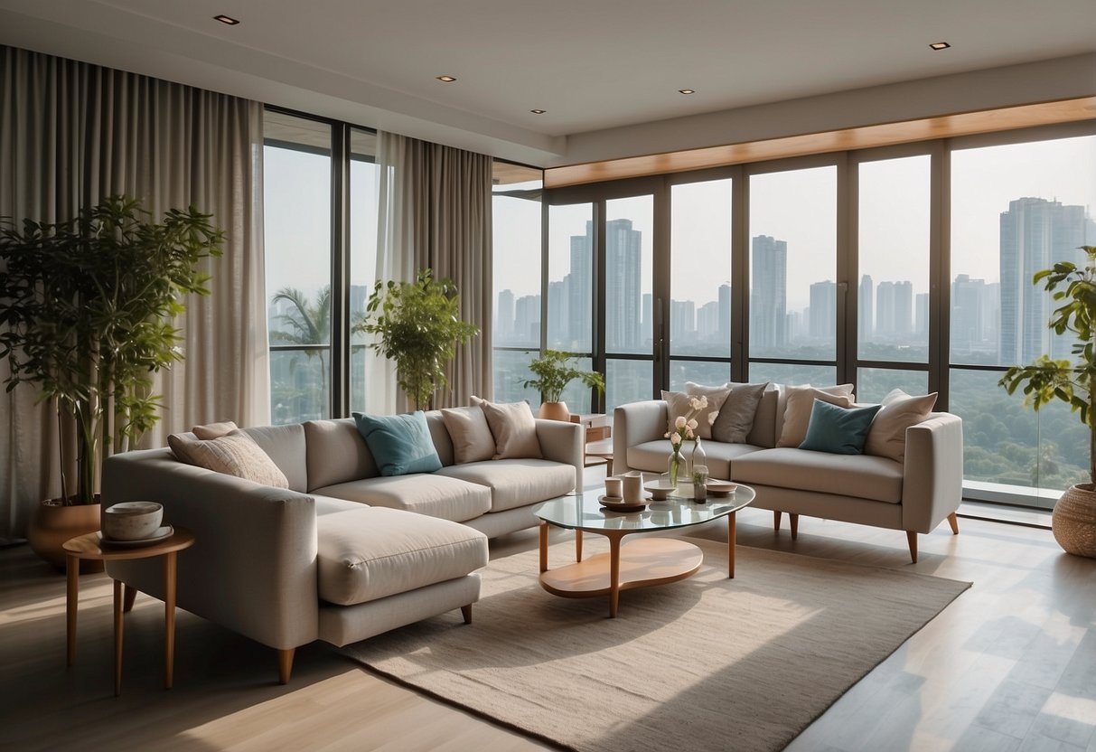 A spacious living room with modern taobao furniture arranged neatly. The room is filled with natural light from large windows, showcasing the sleek and stylish design of the furniture pieces