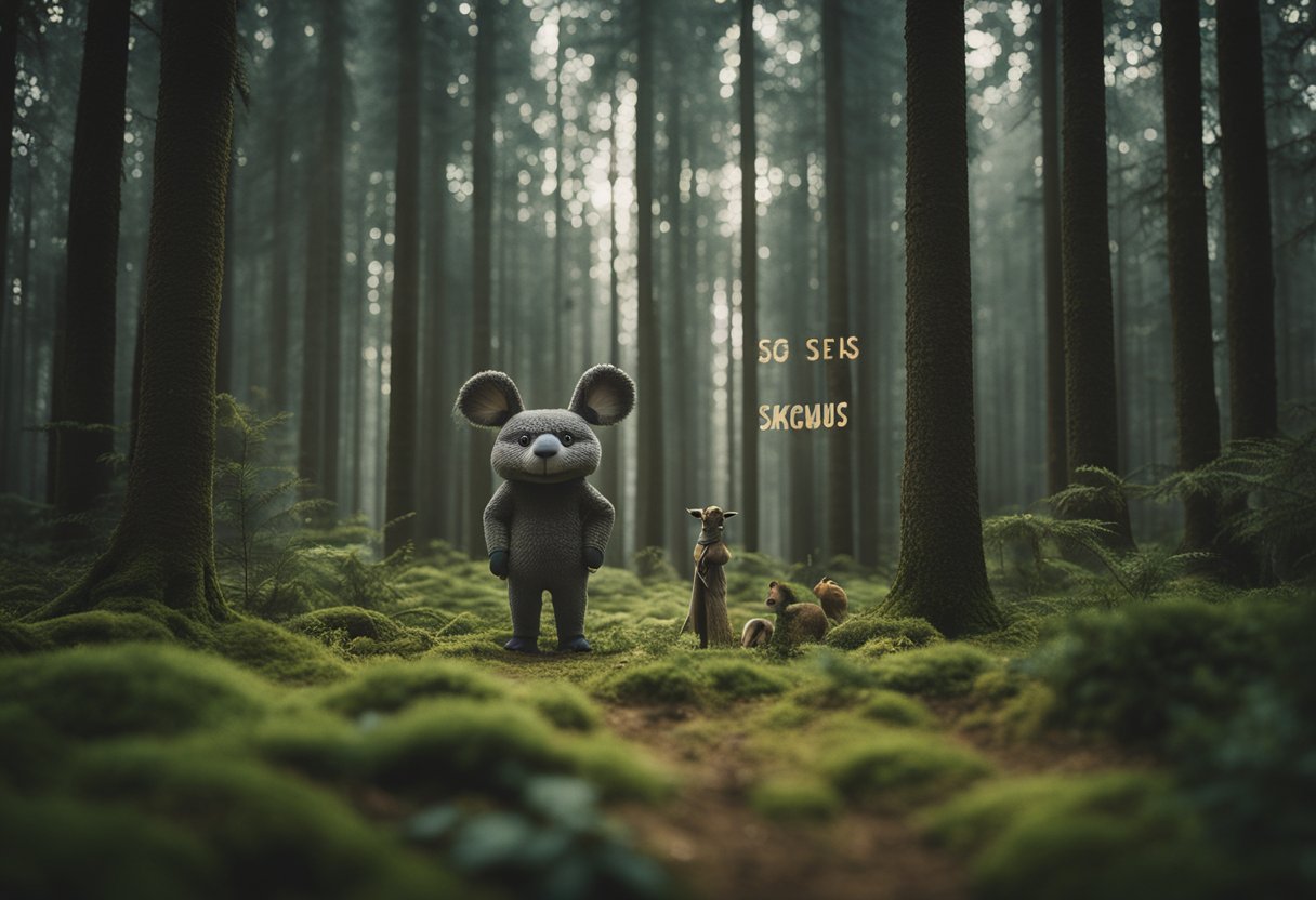 Liten Skogmus stands in a clearing, surrounded by curious forest creatures. A sign nearby reads "Frequently Asked Questions."