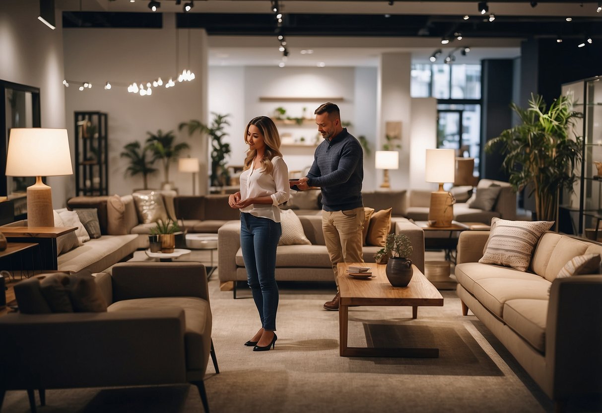Customers browsing through a spacious, well-lit furniture showroom, examining various pieces and styles, with helpful staff available for guidance