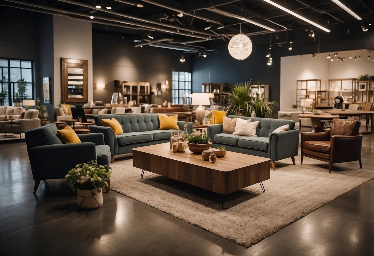 A spacious, well-lit furniture showroom with neatly arranged displays and a variety of styles, from modern to classic, inviting customers to explore