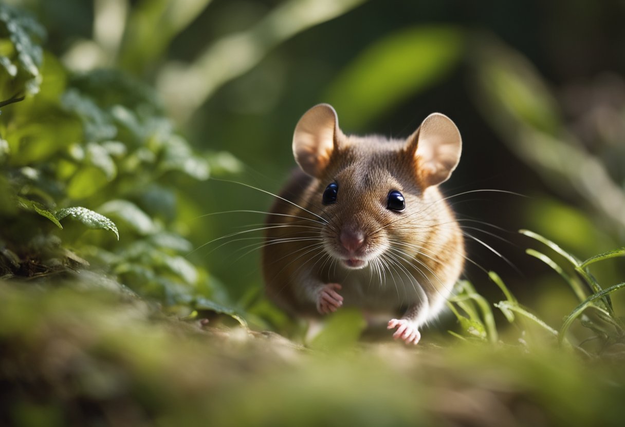 A large forest mouse scurries through the underbrush, foraging for food and cautiously avoiding predators