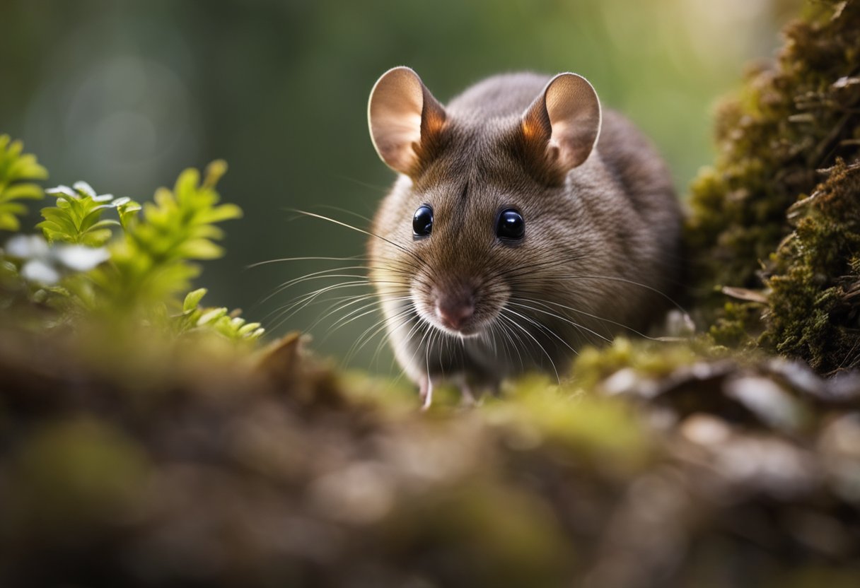 A large forest mouse scurries through a dense woodland, blending into the underbrush with its brown and gray fur