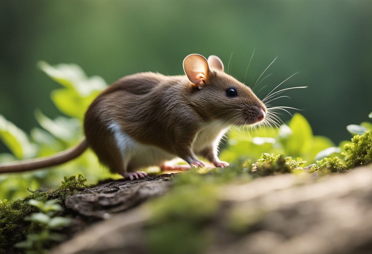 A large forest mouse interacts with its environment, foraging and navigating through the dense vegetation