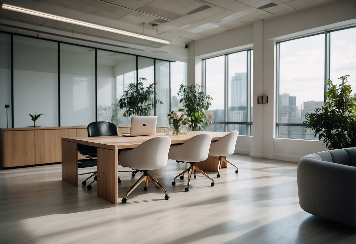 A modern office space with sleek, minimalist furniture. Bright, open layout with natural light. Clean lines and neutral colors create a professional, inviting atmosphere