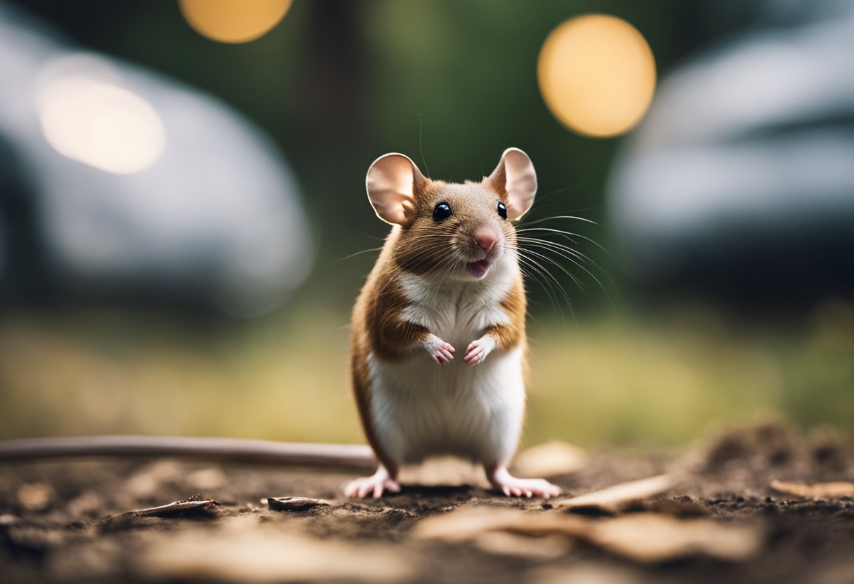 A big forest mouse stands on hind legs, surrounded by question marks and curious onlookers