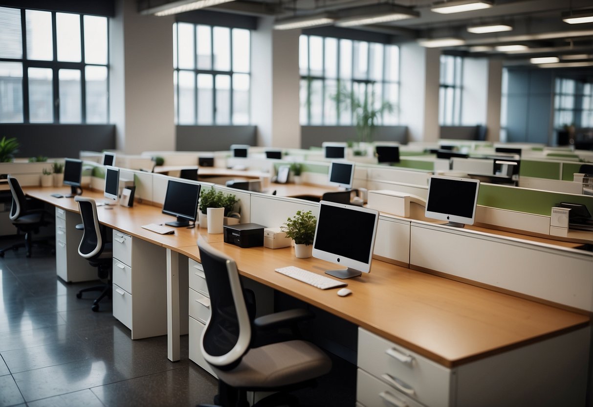 Office furniture arranged neatly with labels. Customers browsing, staff assisting. Bright, clean space