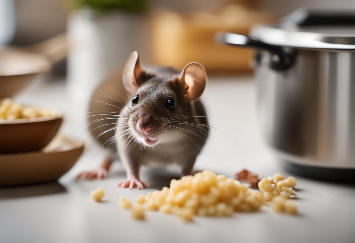 A tiny mouse scurries through a cluttered kitchen, nibbling on crumbs and darting between pots and pans