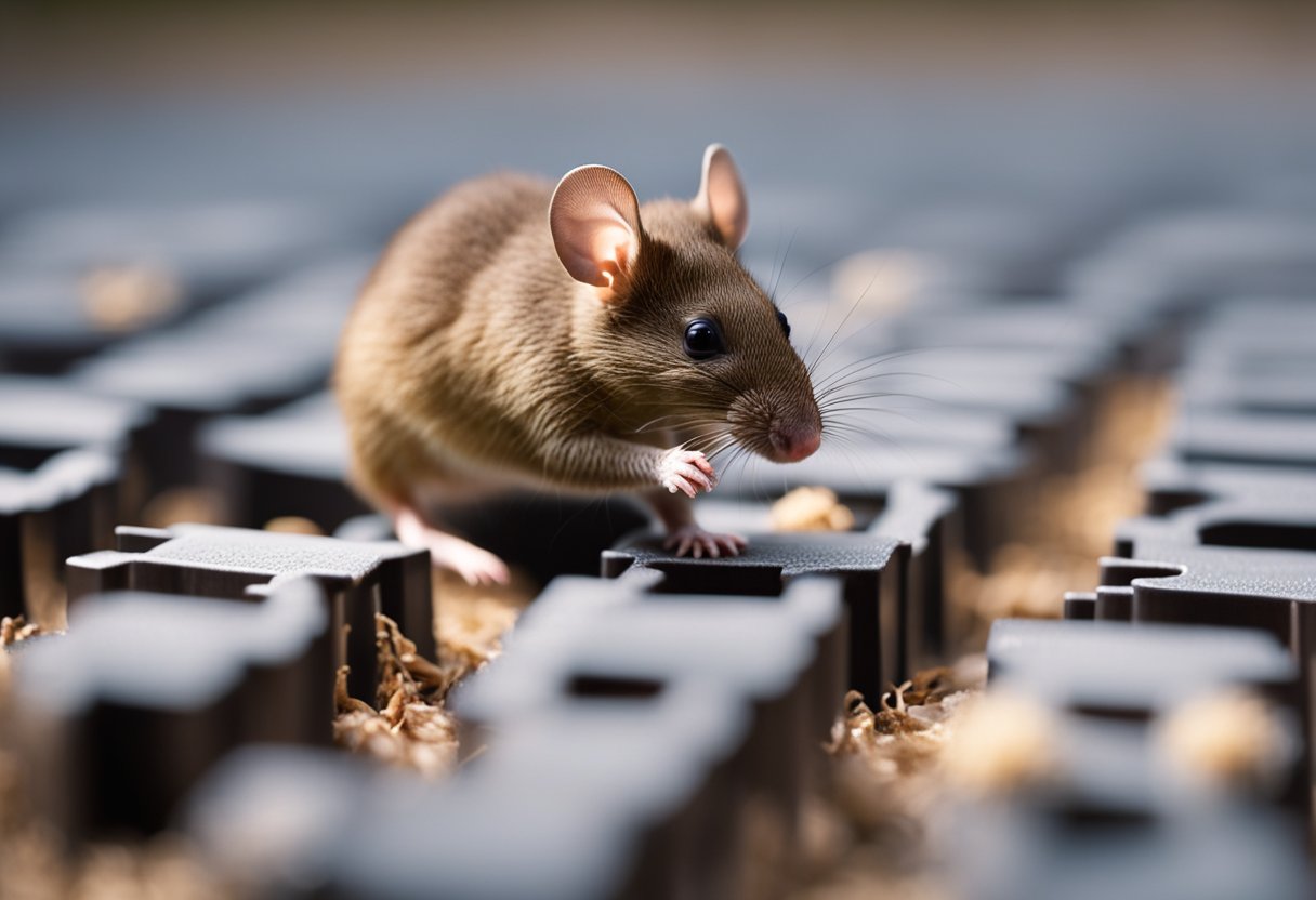 A house mouse scurries through a maze, sniffing and exploring its surroundings. It stops to nibble on a piece of food before darting off again